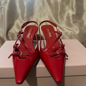 Miu Miu Red Patent Pointed Slingback Mules
